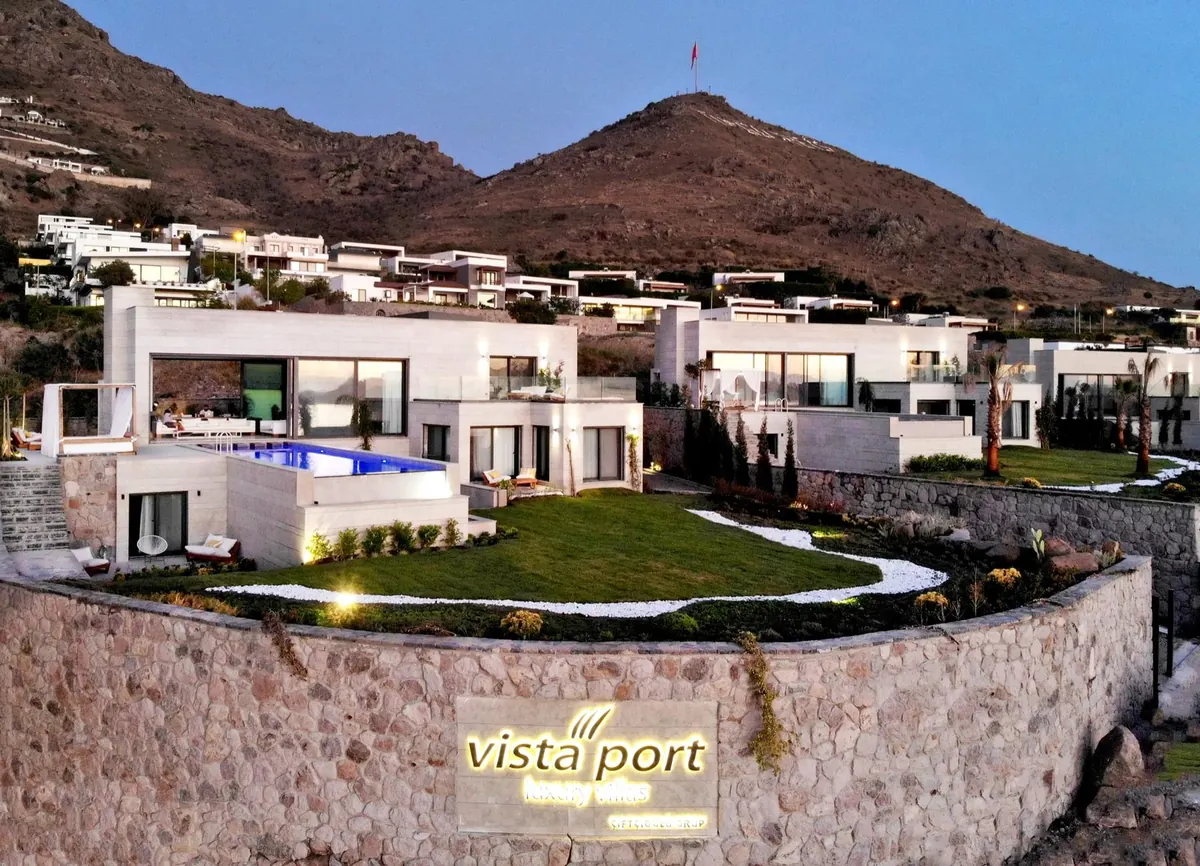 Vistaport A luxury villa exterior with private infinity pool and Aegean sea views in Turgutreis, Bodrum